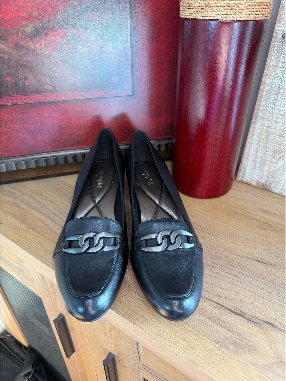 Easy Spirit Women's Black Leather Loafer Bumps w/Chain 9.5